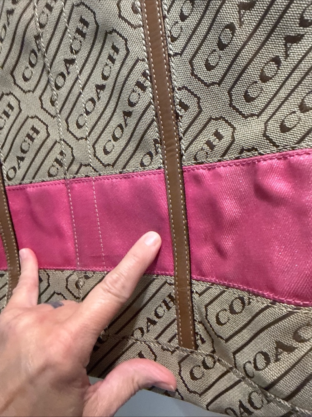 Coach Brown Logo Tote with Pink Accent Stripe - Picture 6 of 14